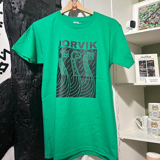 printed tee shirt green longship york jorvik